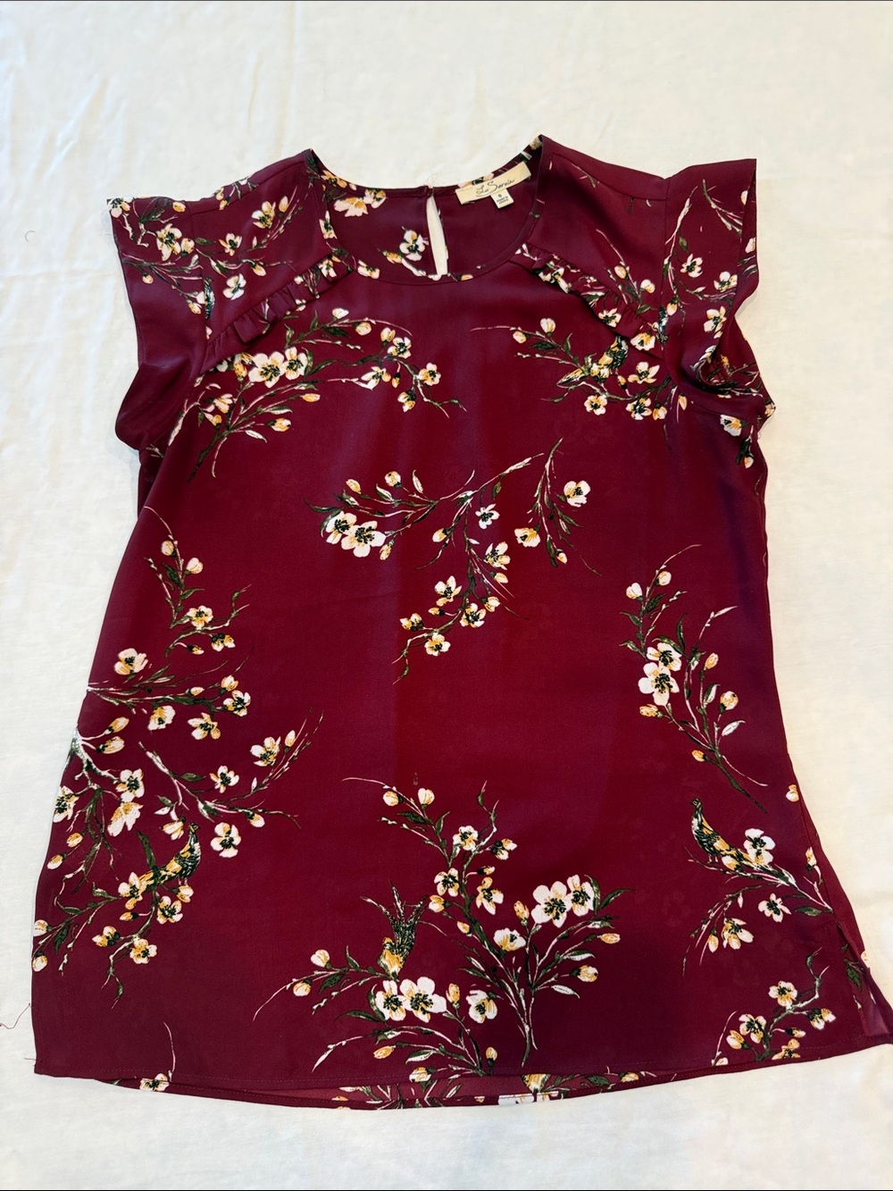 Floral Ruffle Sleeve Blouse - Burgundy